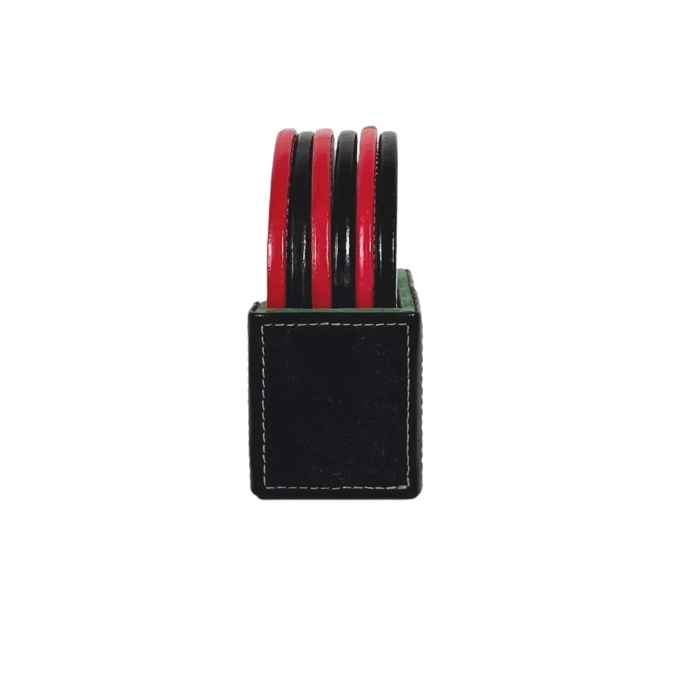 Set of 6 Poker Card Suit Coasters with‎ Black Holder Red Black faux Leather